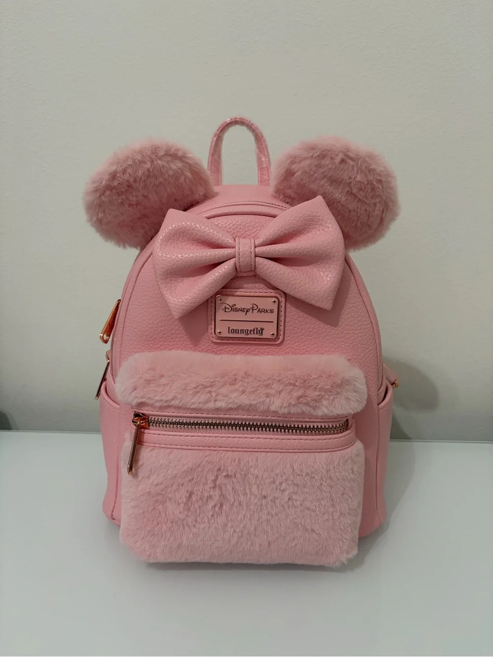 Loungefly Disney Parks Pink Faux Fur Minnie Ear Mini Backpack